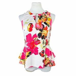 10/25🦋 NY & Co 7th Avenue Design Studio White & Pink Floral Peplum Tank - Medium